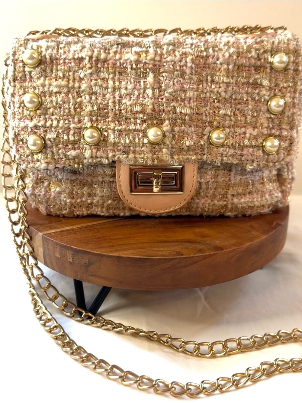 Olivia Miller Pink and Gold Tweed Pearl-Stud Crossbody Chain, Small Formal Bag